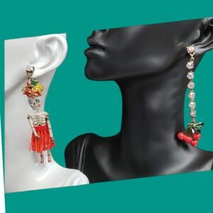 NWT Betsey Johnson Skeleton Dia De Los Muertos Rio + Cherries Mismatch Earrings